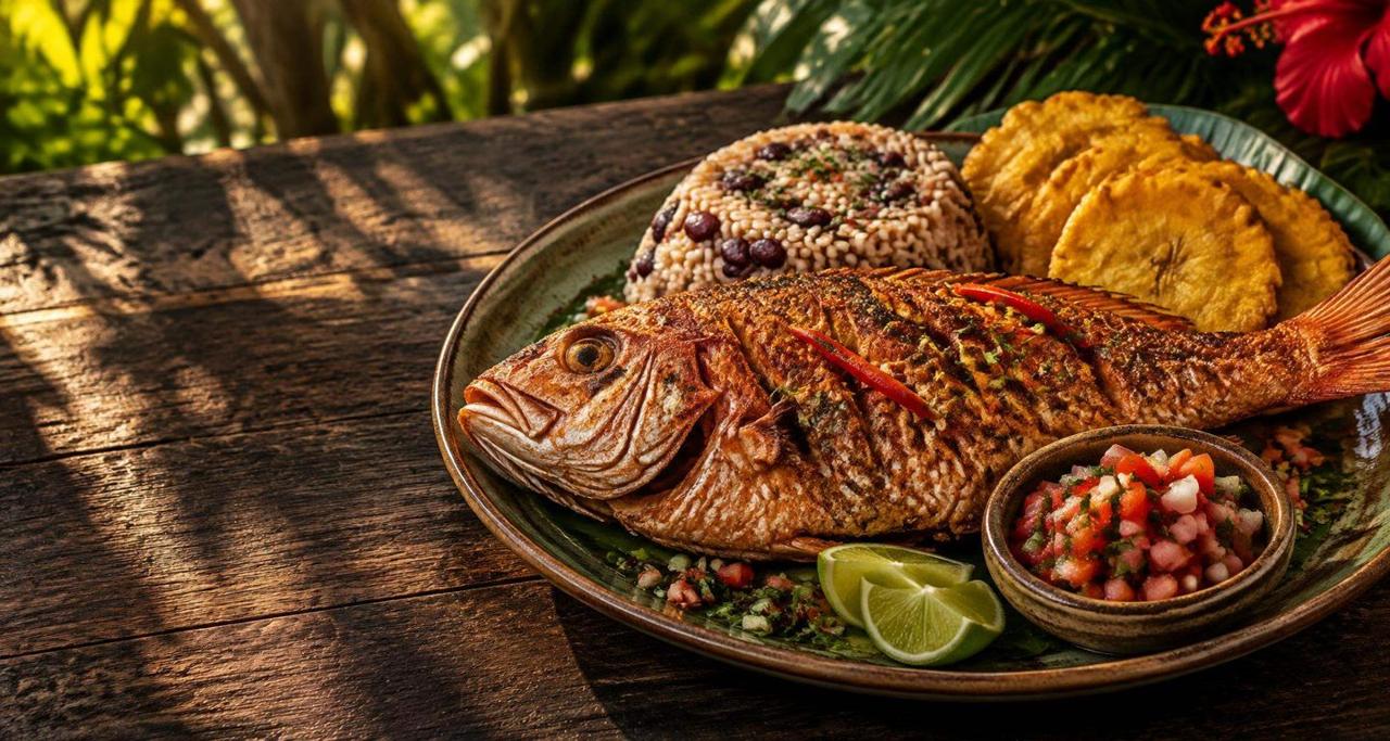 Illustrative whole red snapper with coconut rice and beans, patacones and lime