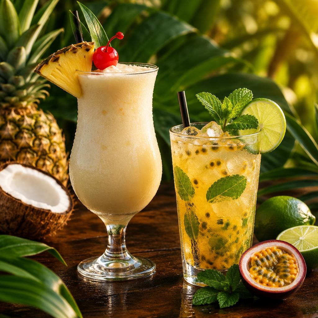 Illustrative tropical cocktails with pineapple, lime and mint