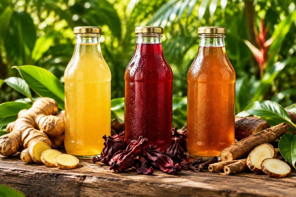 Illustrative unlabelled Ginger, Sorrel and Roots bottles
